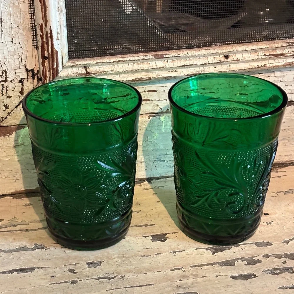 Vintage Emerald Green Indiana Glass Tumblers Floral Juice Glasses Set of 2 4in